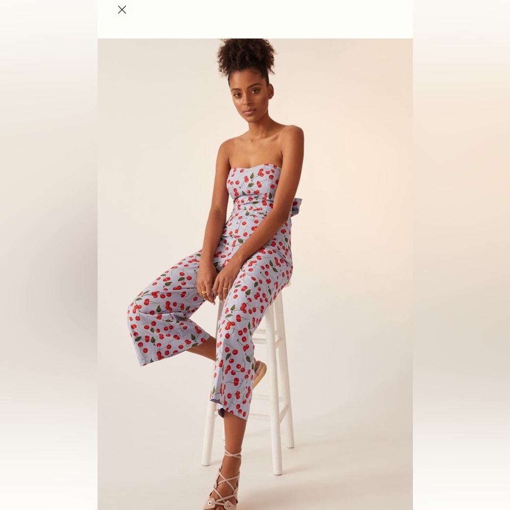 Cherry print 2 piece tube top and wide leg pant set by Maeve/Anthropologie
